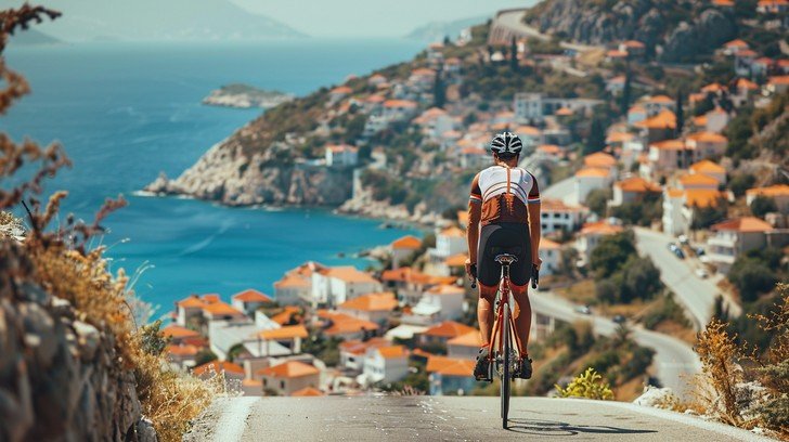 Illustration d'un cycliste descendant une route sinueuse surplombant un village côtier et la mer