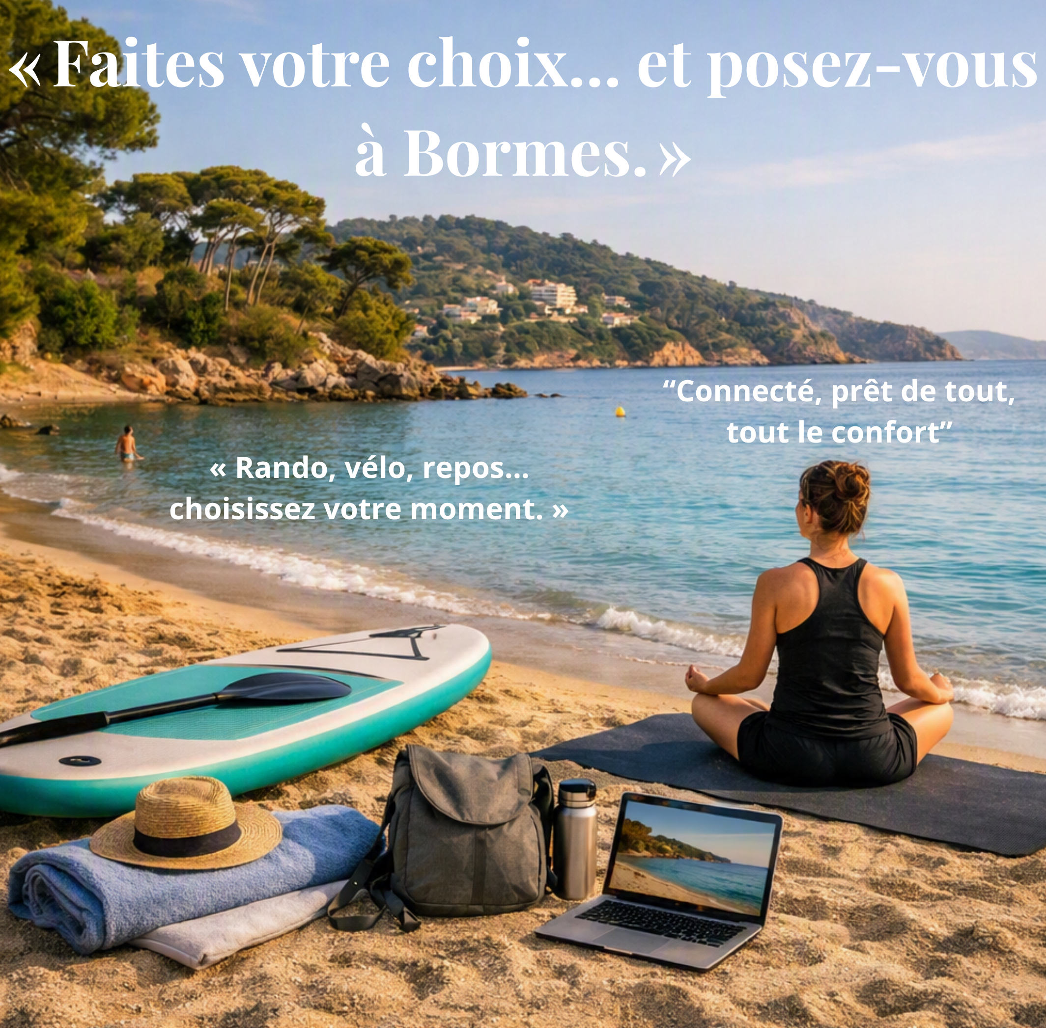 À Bormes-les-Mimosas, chaque séjour se compose à la carte : randonnée, paddle ou simple pause détente face à la mer — le tout à deux pas du logement, wifi compris.